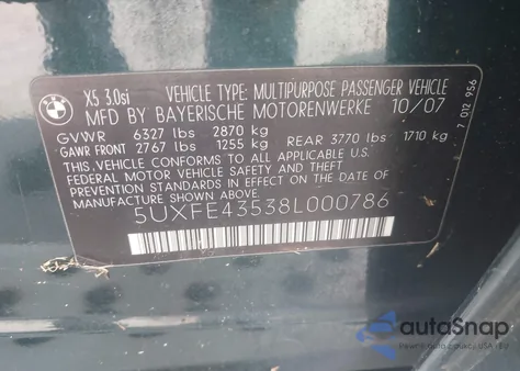 2008 BMW X5 3.0Si from USA, damaged, VIN 5UXFE43538L000786